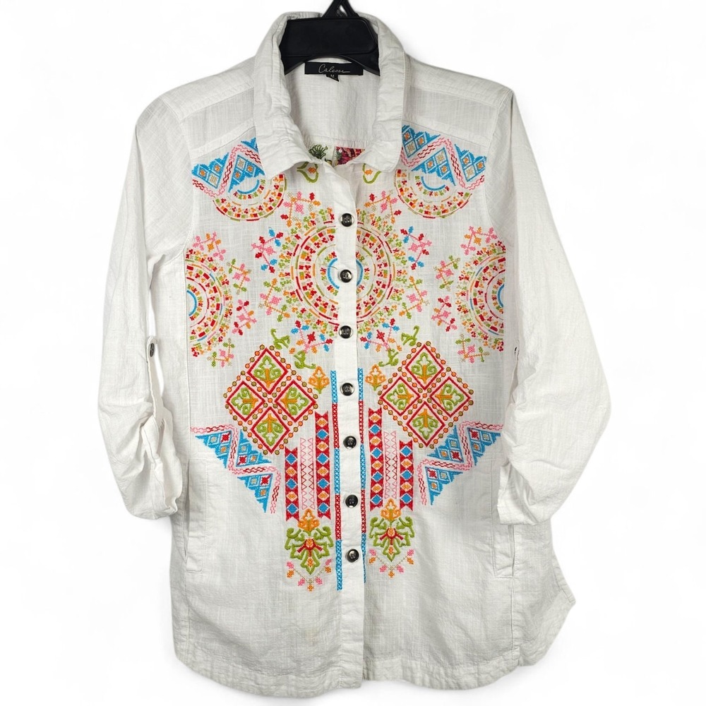 Calessa Boho Embroidered Cotton Button Down Shirt Womens Size M Floral Back Lg